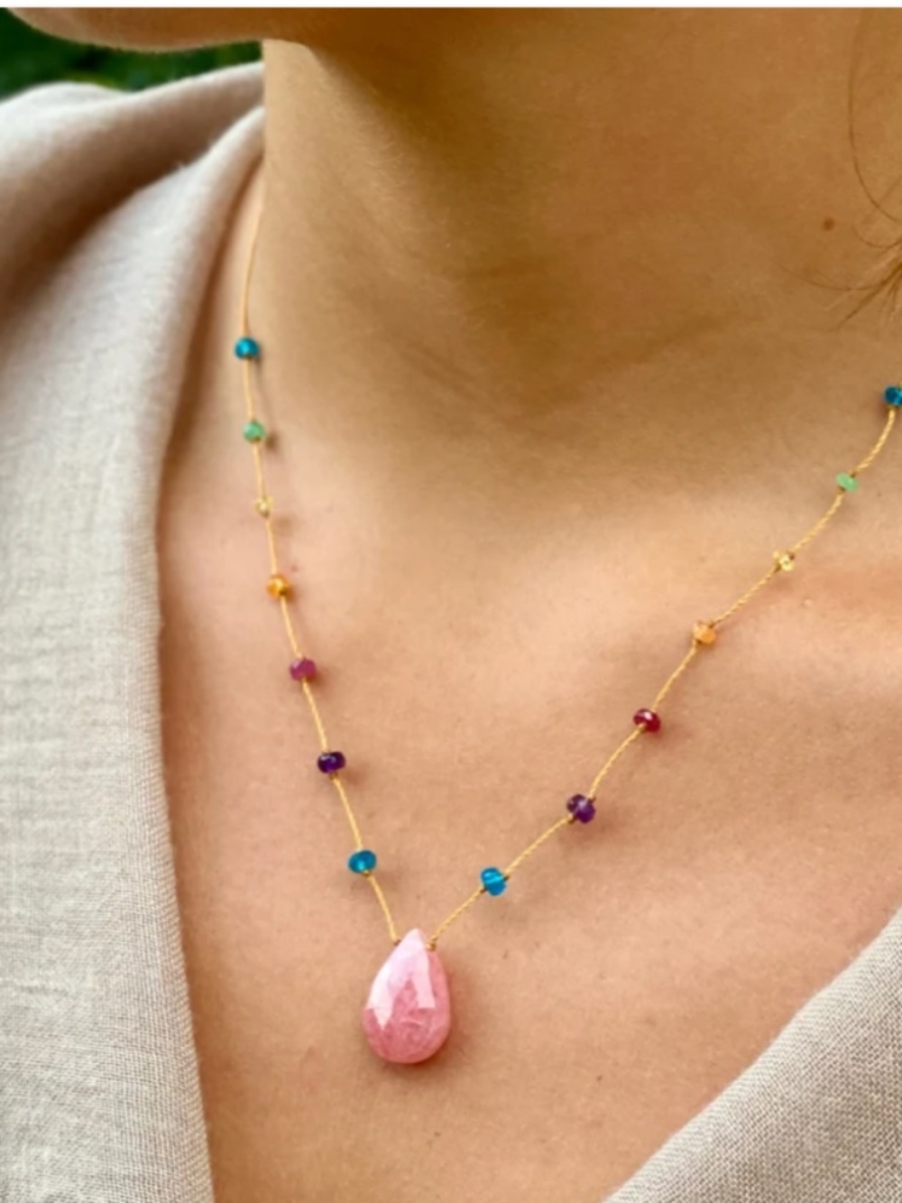 Amalia Rhodochrosite Rainbow Drop Necklace